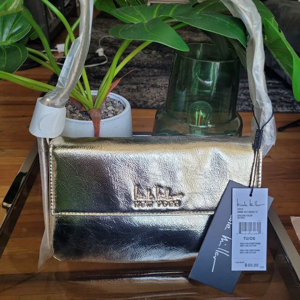 Nicole Miller Metallic Gold Vegan Leather Handbag Purse Shoulder Bag NWT $60 NEW - Picture 15 of 16